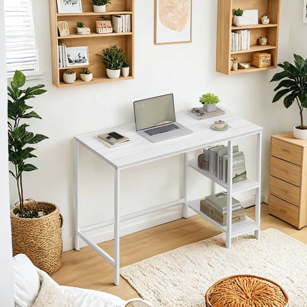 Kirjutuslaud, arvutilaud, PC-laud, kontorilaud kahe riiulitasemega paremal või vasakul, töölaud kontorisse, elutuppa, lihtne paigaldus, tööstusdisain, vintage pruun-must LWD47X