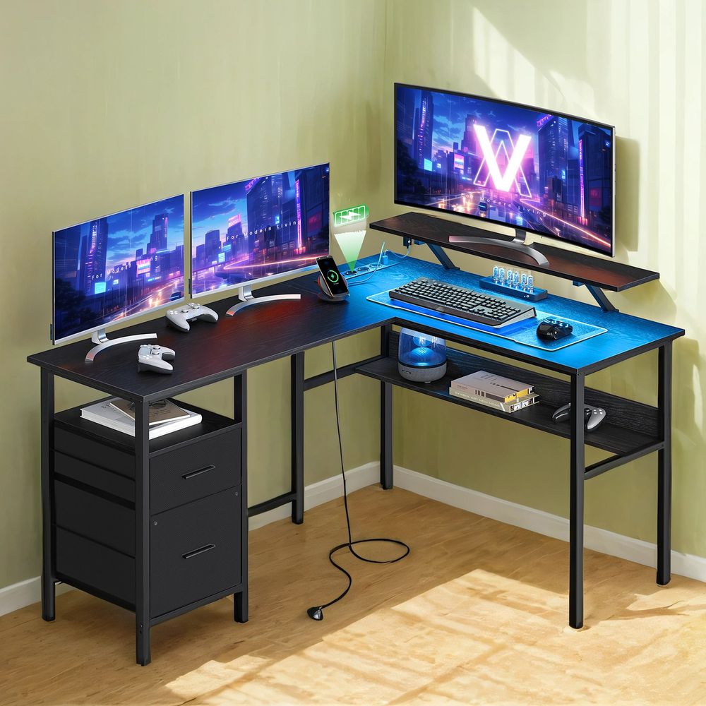 L-kujuline laud pistikupesadega, nurgalaud, arvutilaud, monitorialus, mängulaud, LED-valgustus, USB-pordid, 150 x 120 x 76, must