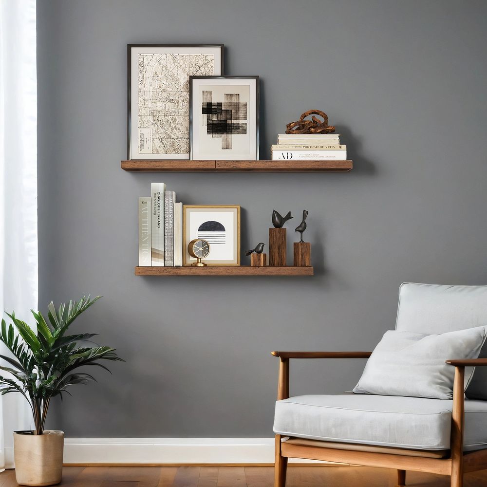 Seinariiul, seinaplaat 60 x 20 x 3,8 cm, ujuvriiul rippriiul piltide, dekoratsiooni jaoks, MDF puit, rustikaalne, pruun LWS26BX