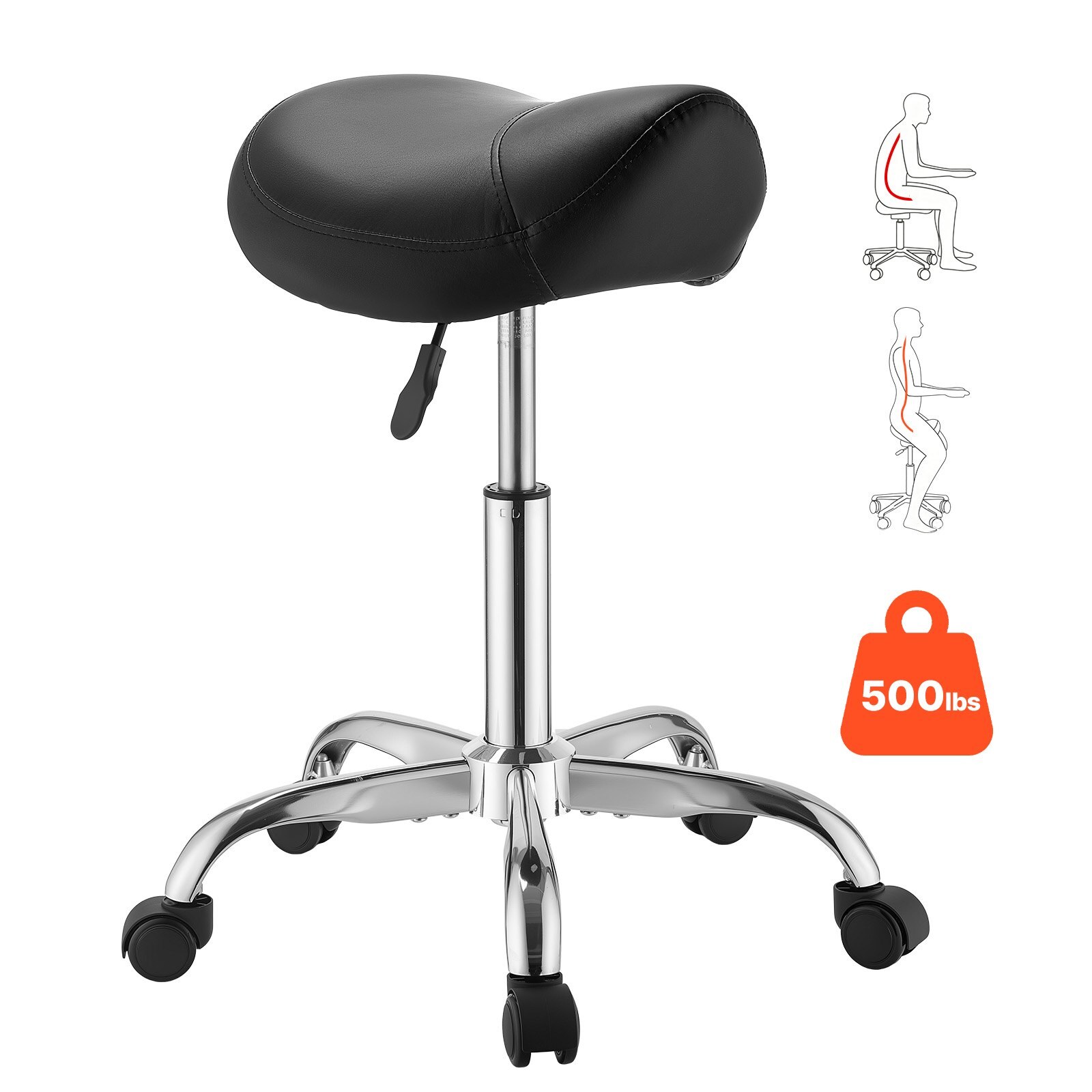 Sadulatool ratastega, kandevõime 226,8 kg, reguleeritava kõrgusega, ergonoomiline PU-nahast iste, 360° pöörlev sadulatool ratastega salongi, spaa, baari, koju, meditsiini ja massaaži jaoks, must