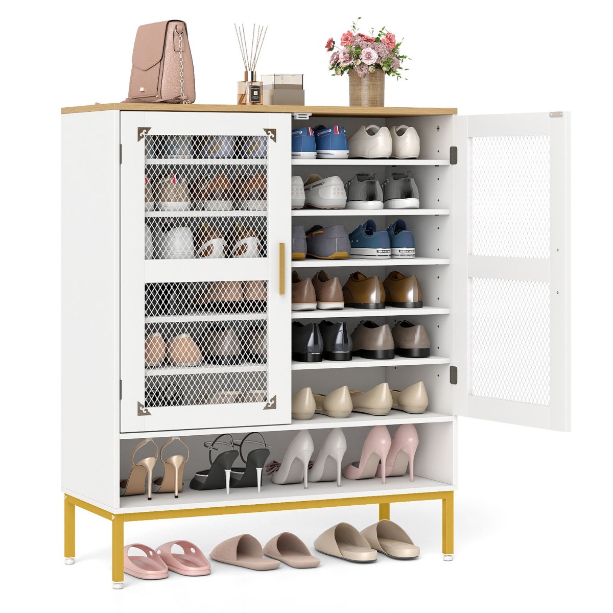 Puidust kingakapp reguleeritavate riiulite ja metalljalgadega, 7-tasandiline kingakapp võrgust ustega, valge