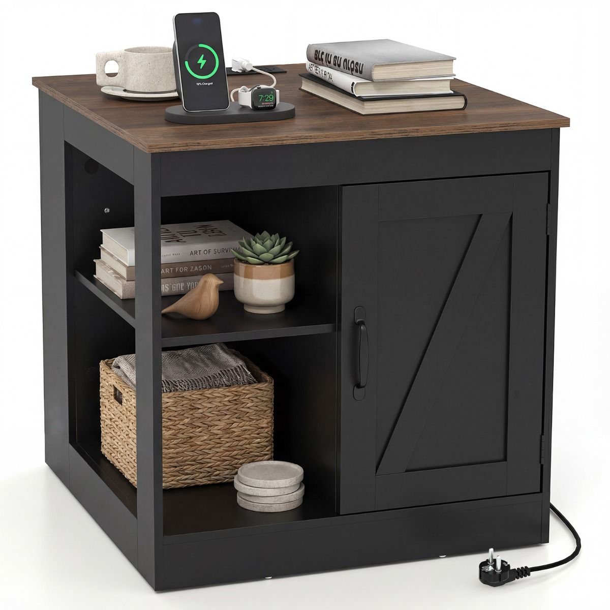 Öökapp laadimisjaama ja reguleeritava riiuliga, puidust abilaud, öökapp, diivanilaud, must