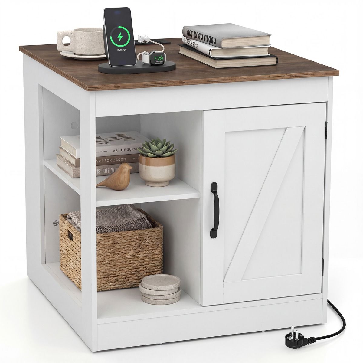 Farmhouse'i stiilis öökapp laadimisjaamaga, öökapp reguleeritava riiuliga, kapp ja aidauks, valge