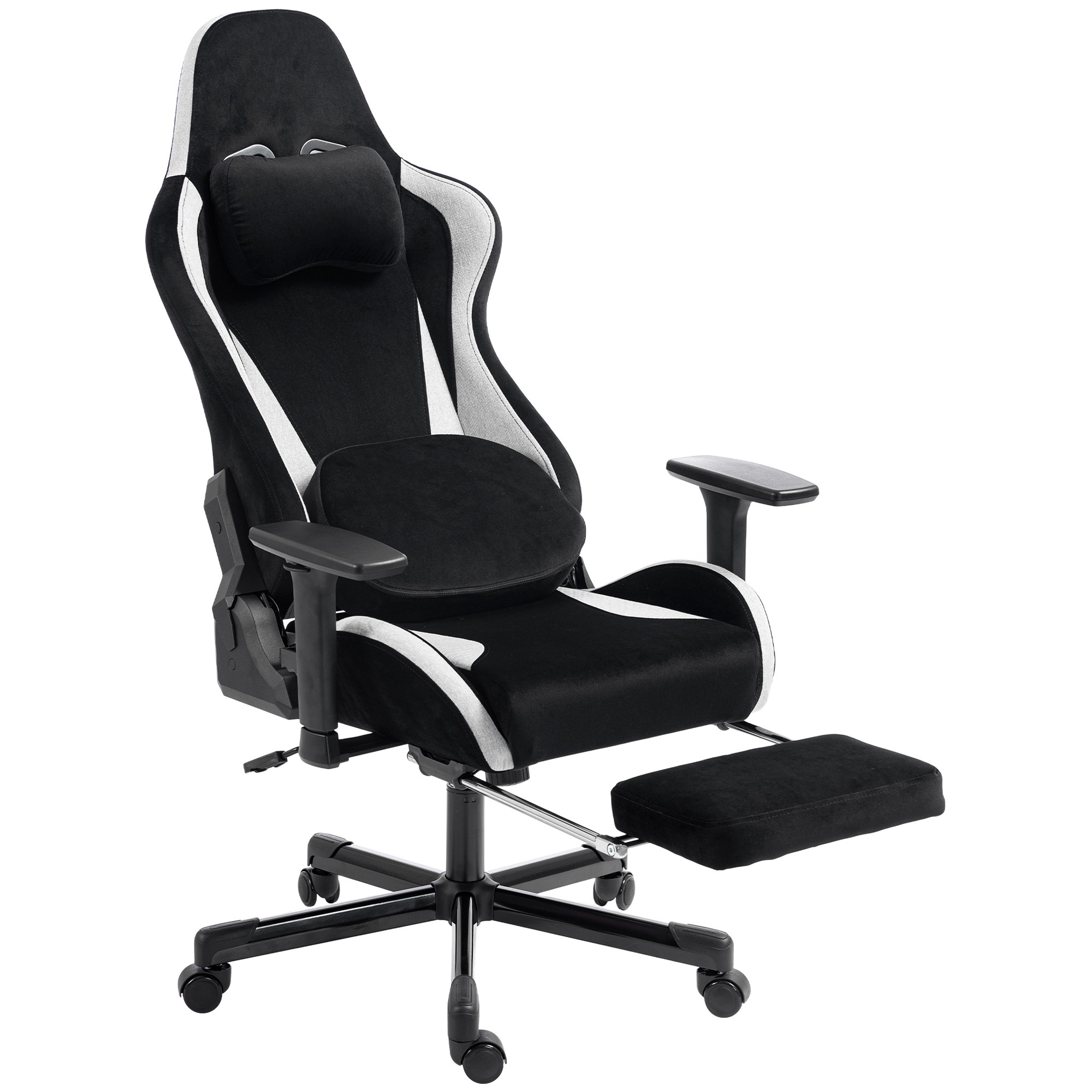 Ergonoomiline mänguritool massaaži ja soojendusega nimmepadjaga, linase kanga imitatsioon, 3D-käetoed ja peatugi, must