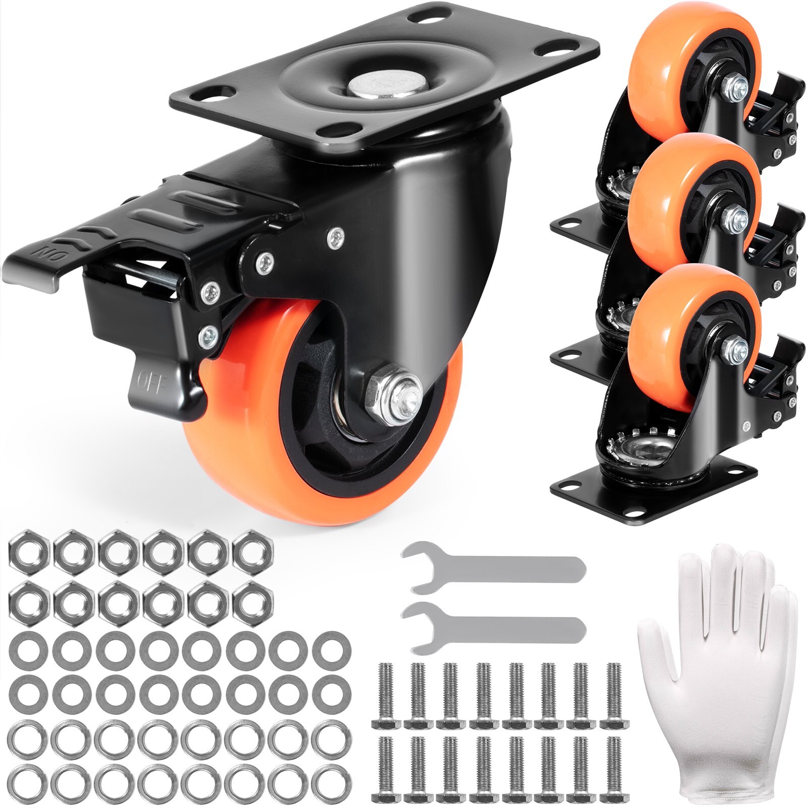 Rattad, 7,6 cm pöörlevad plaadirattad, 4 tk komplekt, turvalukustusega A/B