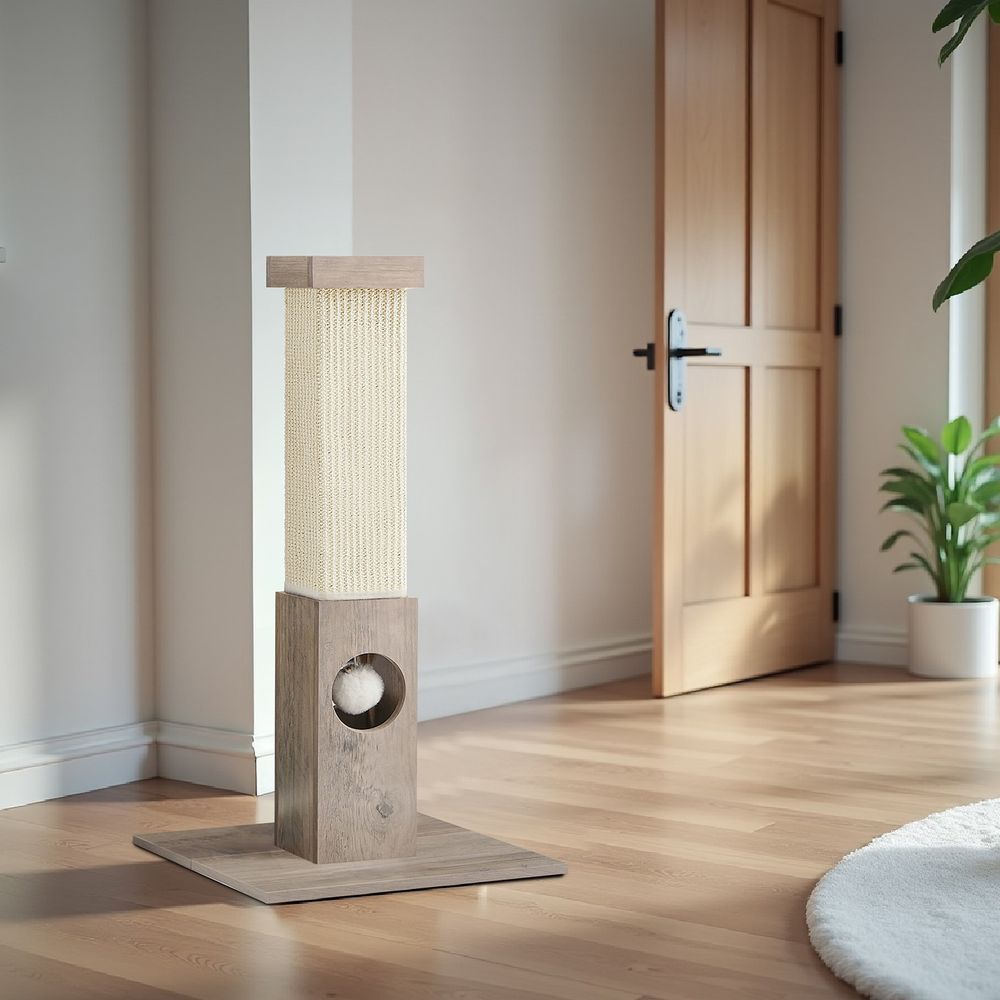 Kassi kraapimispost, kraapimiskolonn, naturaalsest sisalköiest kraapimispalk, kraapimispuu plüüsist mängupalliga, kriimustuskaitse mööblile, 73 cm kõrge, greige