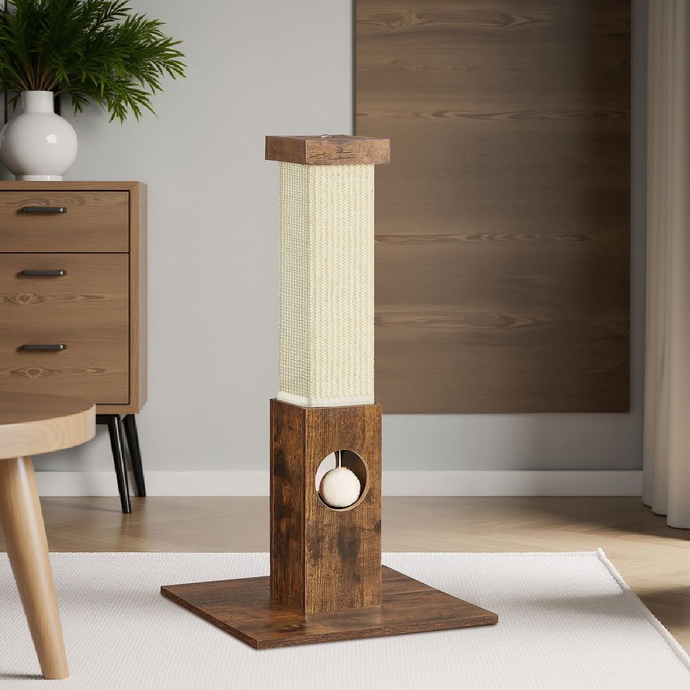 Kassi kraapimispost, kraapimiskolonn, naturaalsest sisalköiest kraapimispalk, kraapimispuu plüüsist mängupalliga, kriimustuskaitse mööblile, 73 cm kõrge, vintage-pruun