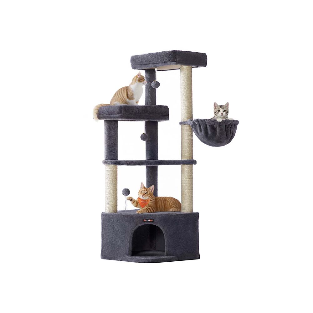 Kassipuu kraapimispostiga – 140,7 cm, suur kaisukoobas, platvormid, pehmed pallid ja lamamistool, tumehall