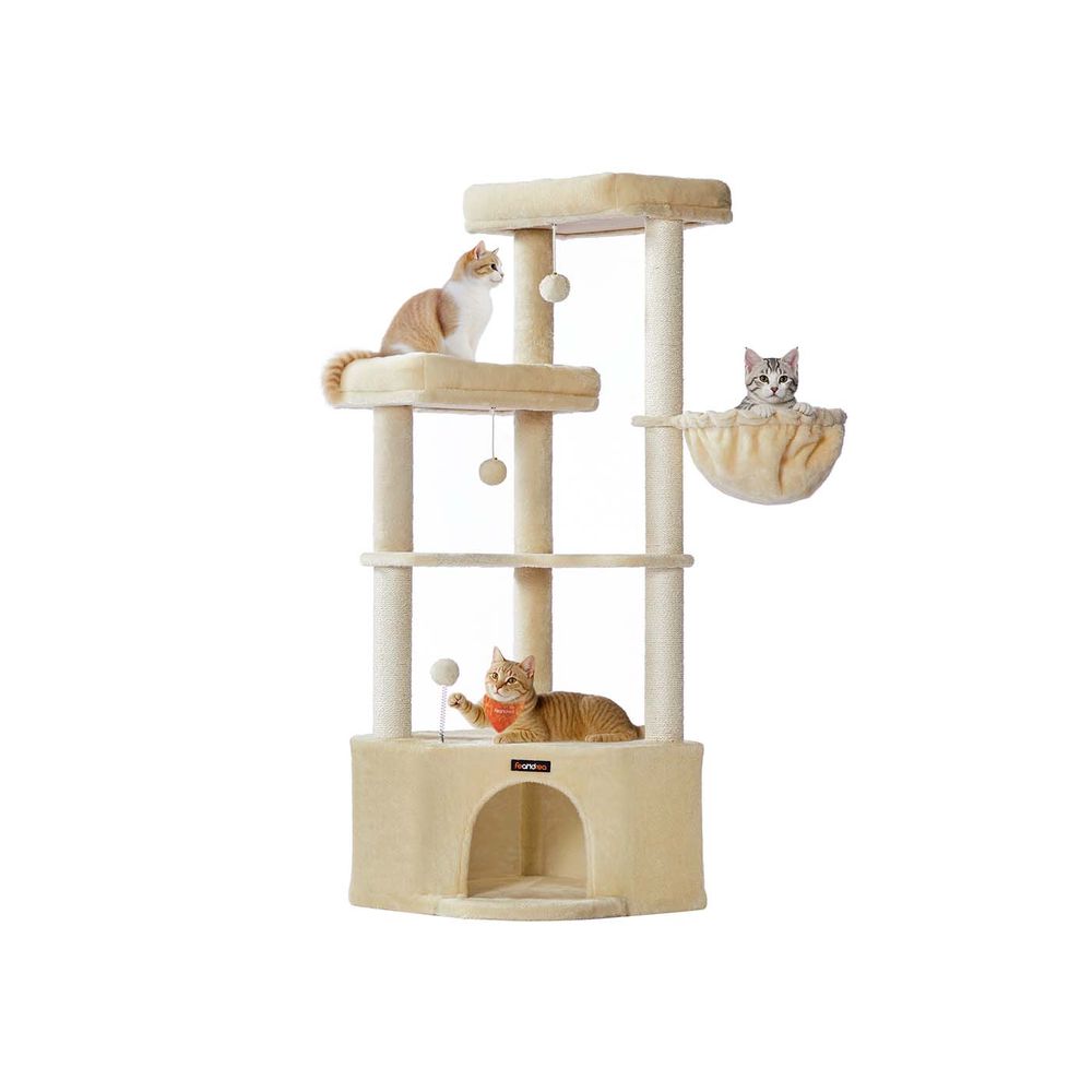 Kassipuu kraapimispostiga – 140,7 cm, suur kaisukoobas, platvormid, pehmed pallid ja lamamistool, liivabeež