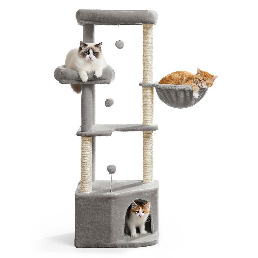 Kassipuu, 48,5 x 48,5 x 140,7 cm, kassi kraapimispost suure hubase koopaga, suured platvormid, plüüsist pallid, võrkkiik, tumehall