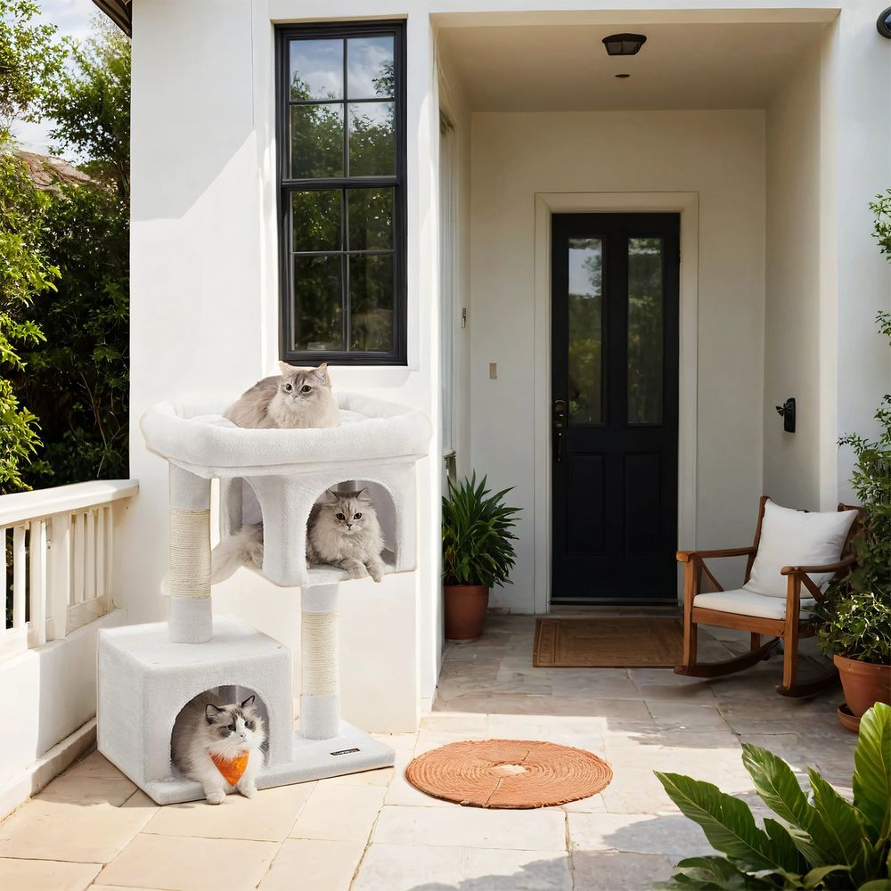 Kraapimispuu, kassipuu suure platvormiga ja 2 plüüskoopaga, mängumaja, ronimispuu kassidele, valge