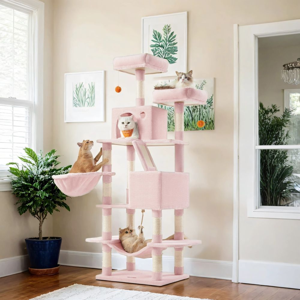 Suur kassipuu, 168 cm kõrge, suurus M, 13 kraapimisposti, 2 platvormi, 2 koopa, korvi, võrkkiige, plüüsist pallide, roosa