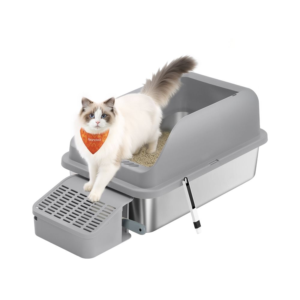 Feandrea roostevabast terasest kassiliivakast, avatud disainiga, kõrgete külgedega, astmega, kühvliga, harjaga, kassidele kuni 15 kg, tuvihall