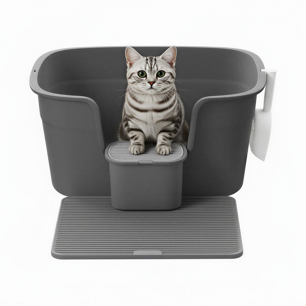 Kassiliivakast, eriti suur, kõrgete külgedega, liivamatt, hoiukast, kühvel, suurtele kassidele, tuvihall