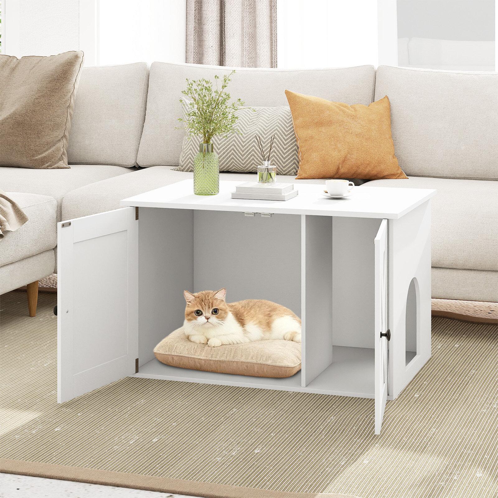 80 x 53 x 50 cm puidust sisekassimaja vaheseina ja kassipoja pesuruumiga elutuppa - valge