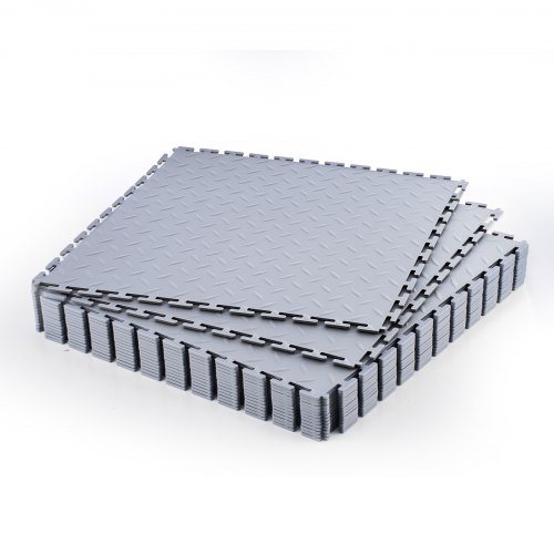 Garage Floor Tiles Interlocking, 16 Pack 513 x 513 x 5 mm Interlocking Modular Garage Flooring Tiles, Diamond Plate Slip-Resistant PVC Mats for Workshop,Warehouse,Tool Room, Light Gray