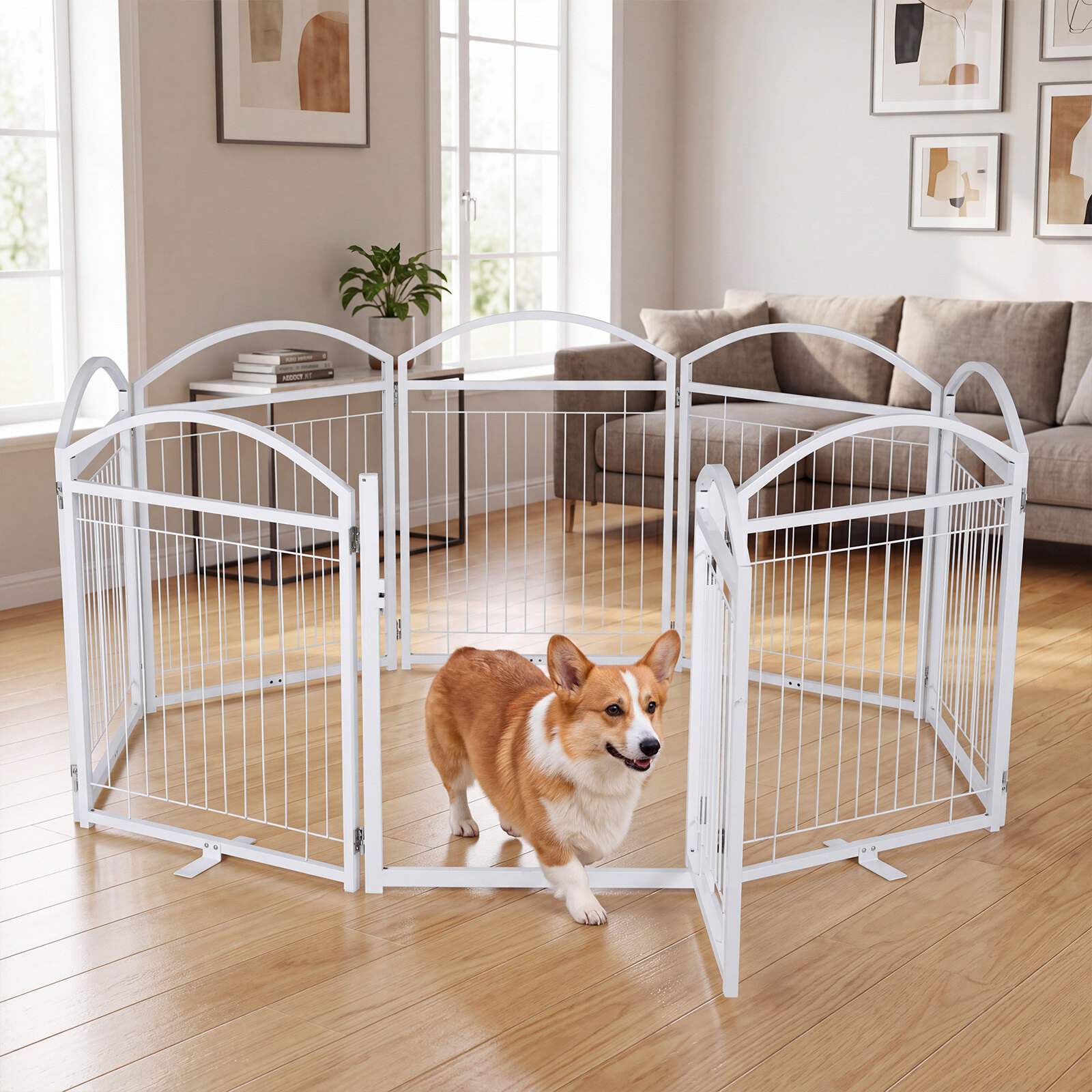 Kokkupandav metallist koeravärav 480x81cm uksega 8 paneeliga - valge