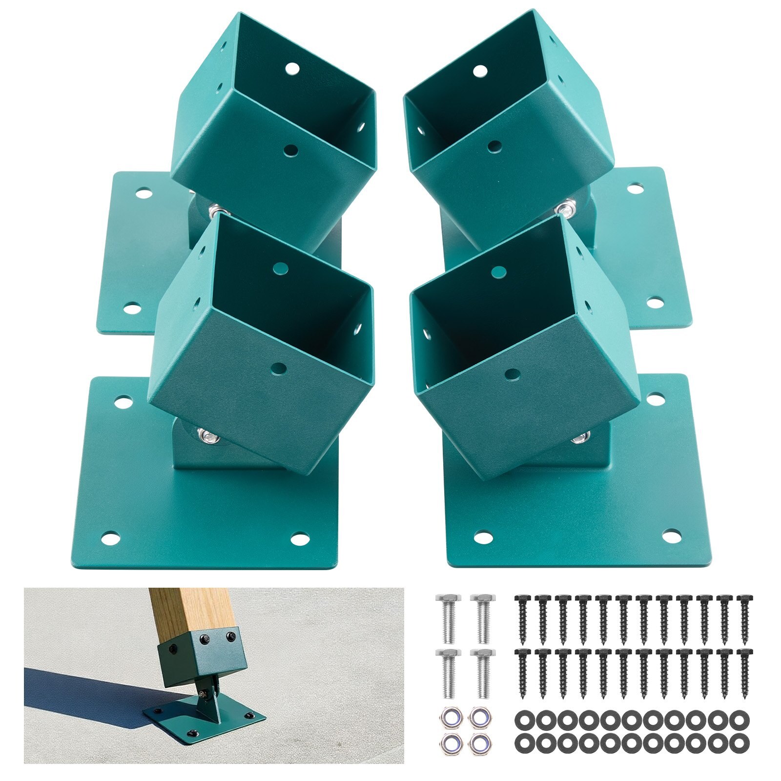 Kiigekomplekti kronsteinid, 4 tk vastupidavat kiigekomplekti nivelleerimisdetaili, sobib 101,6 x 101,6 mm postile (tegelik suurus 91 x 91 mm), 45°-60° nurgavahemik, roostevabast terasest ankurloodimiskomplekt ebatasasel pinnal