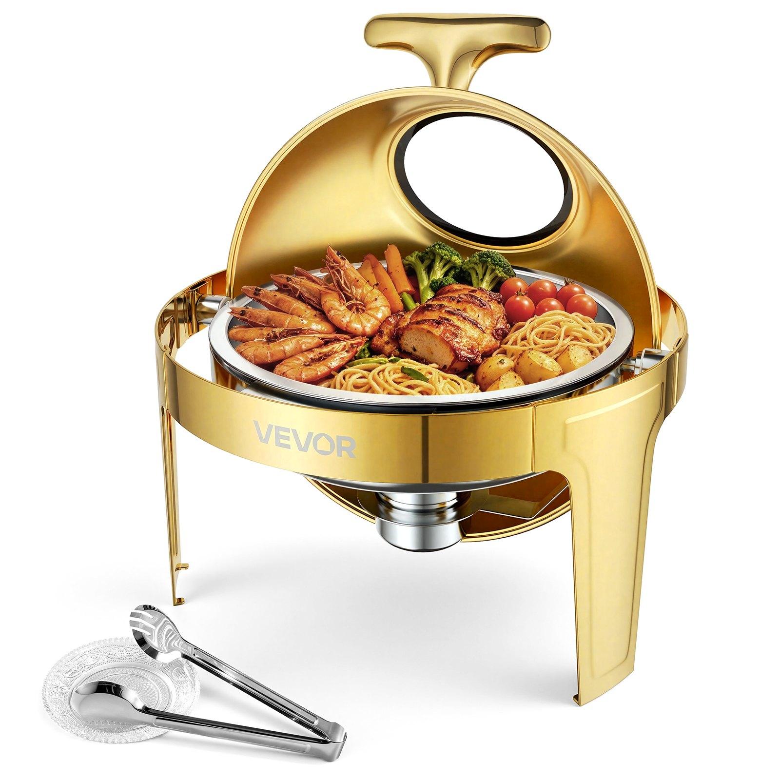 Ümmargune roostevabast terasest buffet-soojendusnõu, 1 komplekt, 6 QT / 5,7 l, rull-pealisega, 1 pott, klaaskaas, tangid ja klaasalus, bankettidele, pidudele, pulmadeks ja toitlustuseks