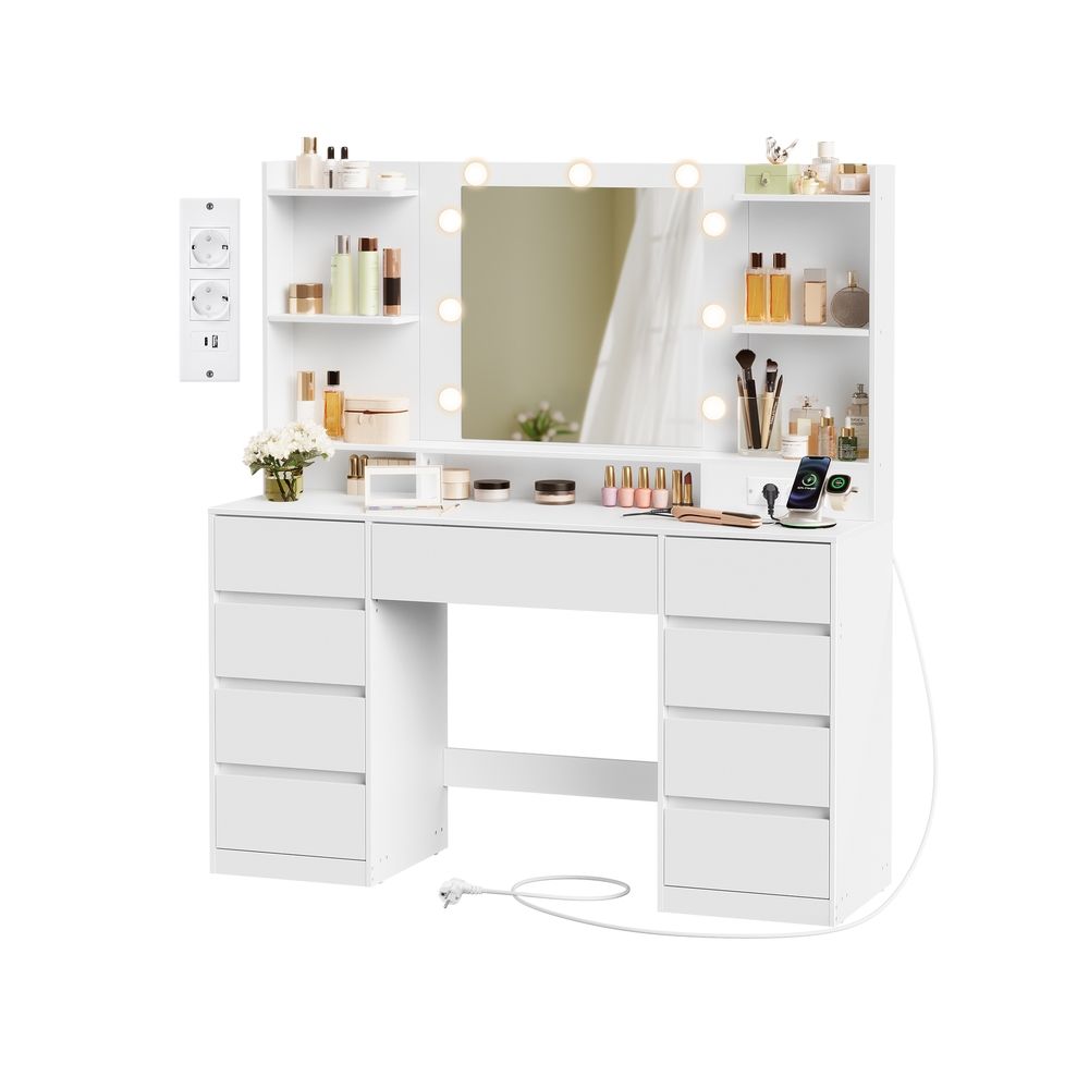 Tualettlaud, peegli, LED-valguse ja 9 sahtliga, valge