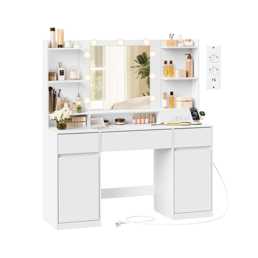 Tualettlaud peegli ja LED-valgustusega, pistikupesadega, 2 kappi, 9 hämardatavat pirni (3 värvitooni), tööriistavabad siinid, pilvevalge