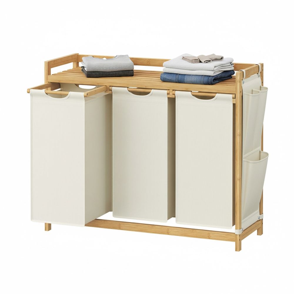 SONGMICS pesukorv 3 sektsiooniga, bambusest, 150L pesukorv, pesusorteerija, riiuliga, pesukott, väikesed küljetaskud, pesurest, 3 x 50L, 94 x 33 x 78 cm, kreemvalge