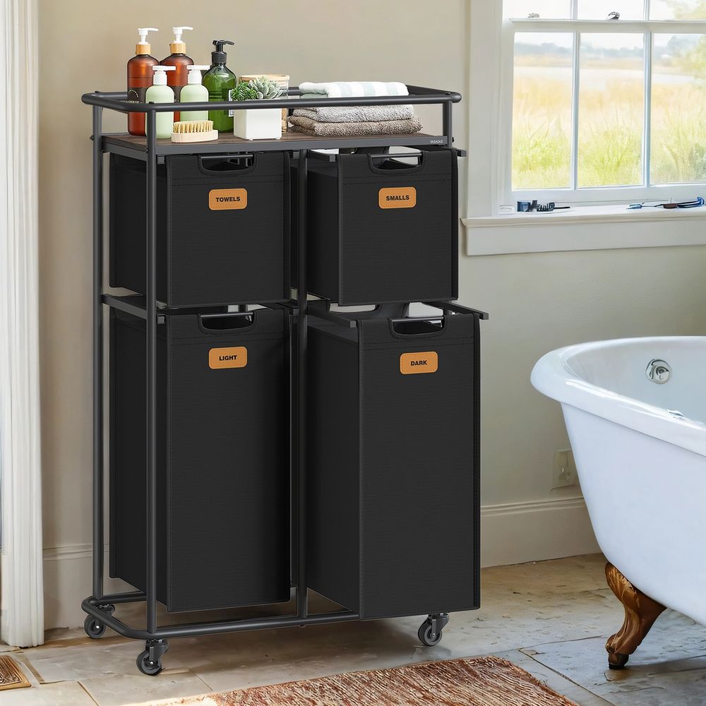 Pesusorteerija, pesueraldaja ratastega, 150 L, pesukorvid, liigutatav pesukäru riiuliga, 4 eemaldatavat kotti, 6 silti, tindimust-kastanpruun RLS100B01