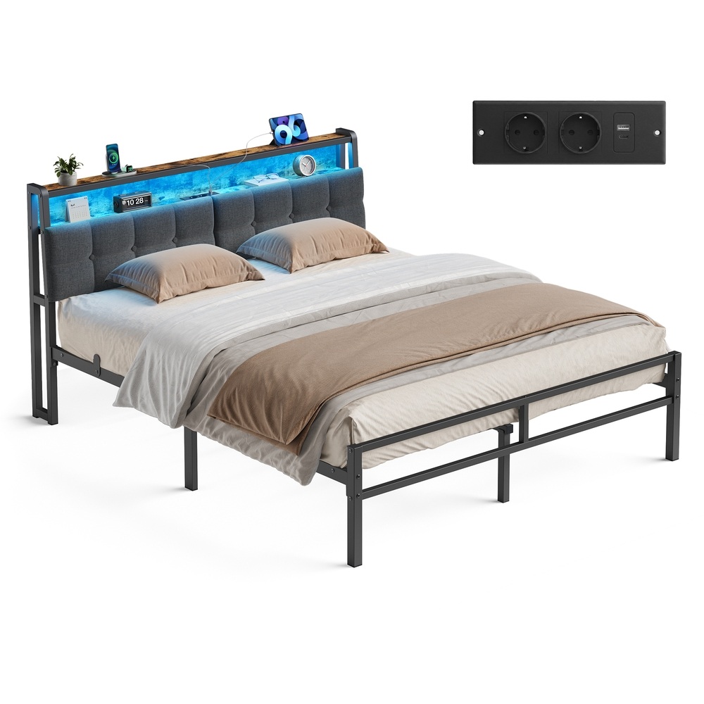 Voodiraam, metallist, LED-valgustusega, 160 x 200 cm, mattmust-vintage-pruun