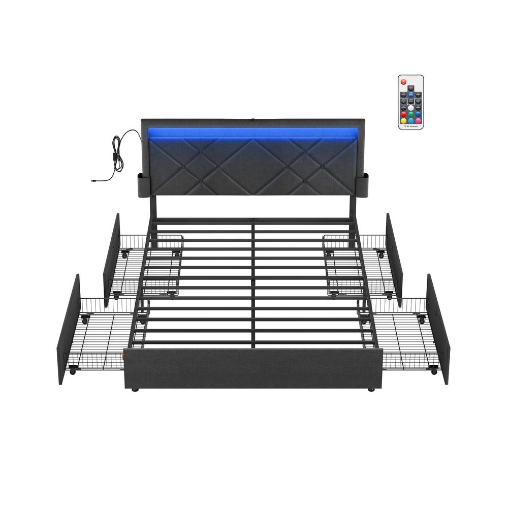 Kaheinimesevoodi raam, sobib 140 x 200 cm madratsile, metallist LED-voodi, 4 sahtlit, laadimisjaam, reguleeritav polsterdatud peats, kiltkivihall