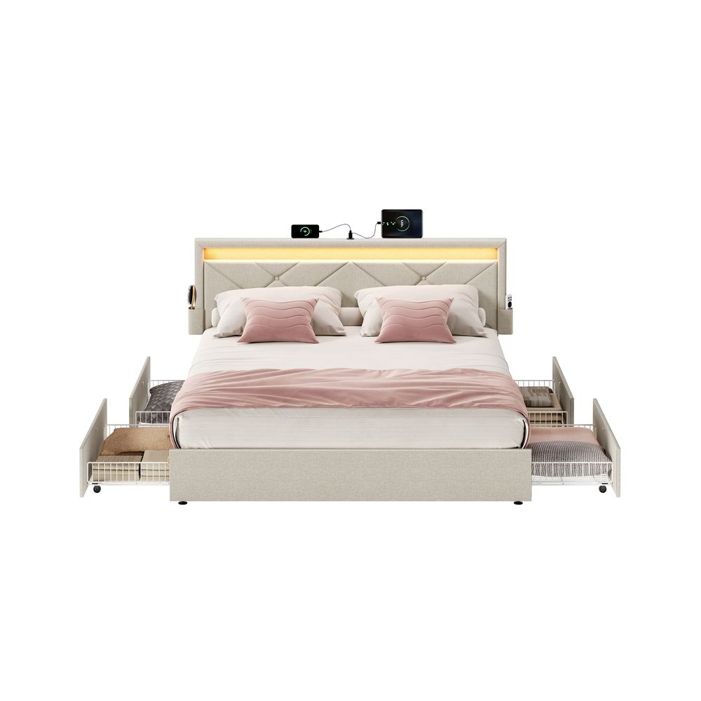 Kaheinimesevoodiraam 140 x 200 cm, metallist LED-voodi, 4 sahtlit, laadimisjaam, reguleeritav polsterdatud peats, cappuccino-beež