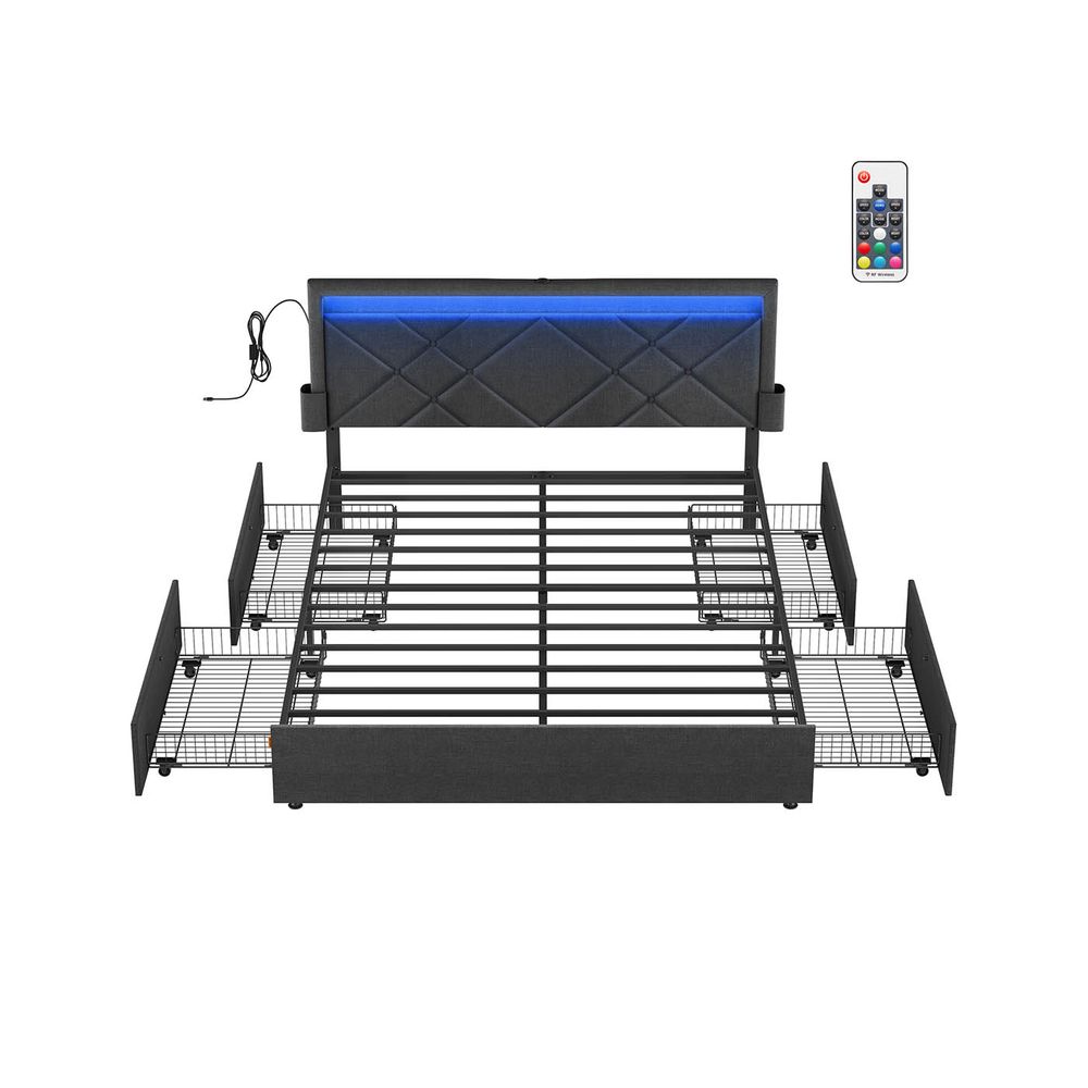 Kaheinimesevoodi raam, voodiraam, 160 x 200 cm, LED, metallvoodi, 4 sahtlit, laadimisjaam, reguleeritav polsterdatud peats, kiltkivihall-mattmust