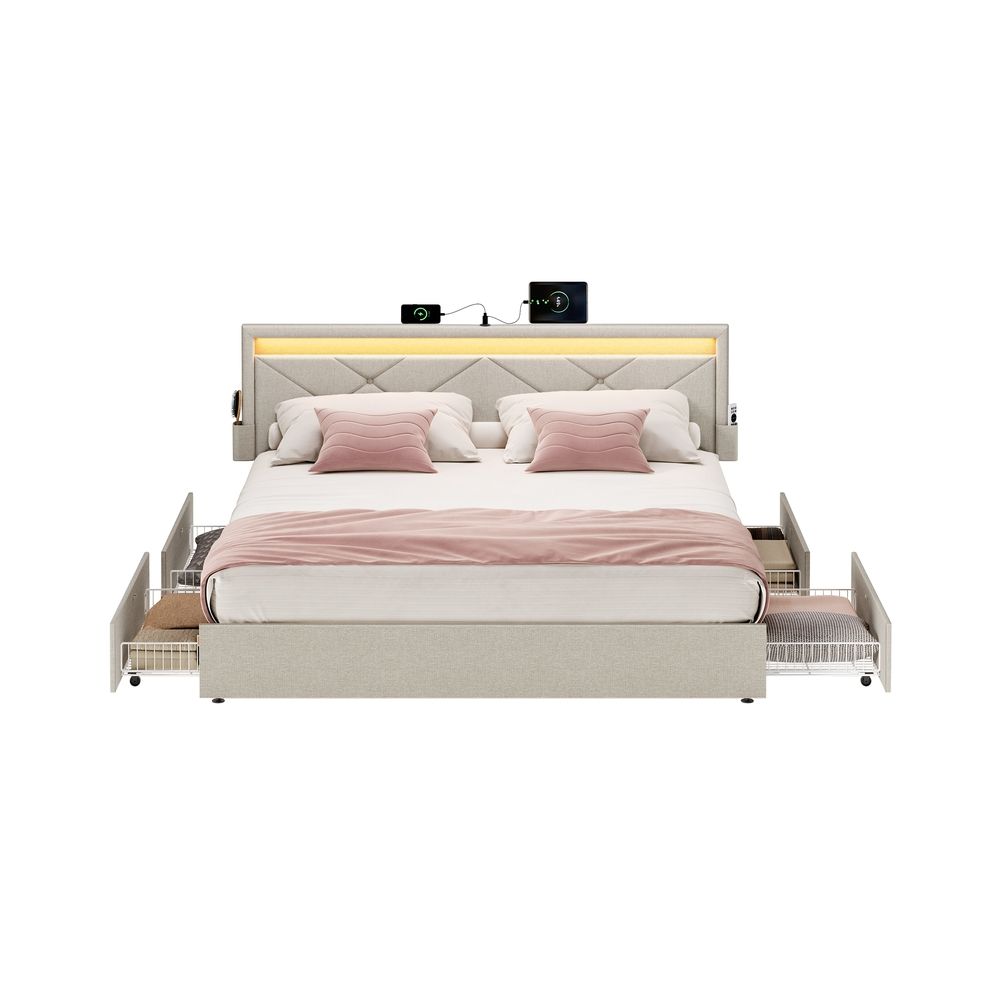 Kaheinimesevoodiraam, voodiraam, 160 x 200 cm, LED, metallvoodi, 4 sahtlit, laadimisjaam, reguleeritav polsterdatud peatsiplaat, cappuccino beež