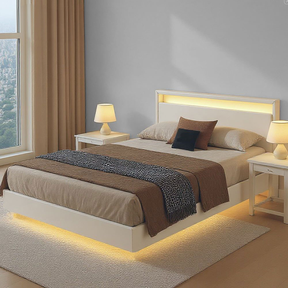 Voodiraam LED-valgustuse ja laadimisjaamaga 160 x 200 cm, valge