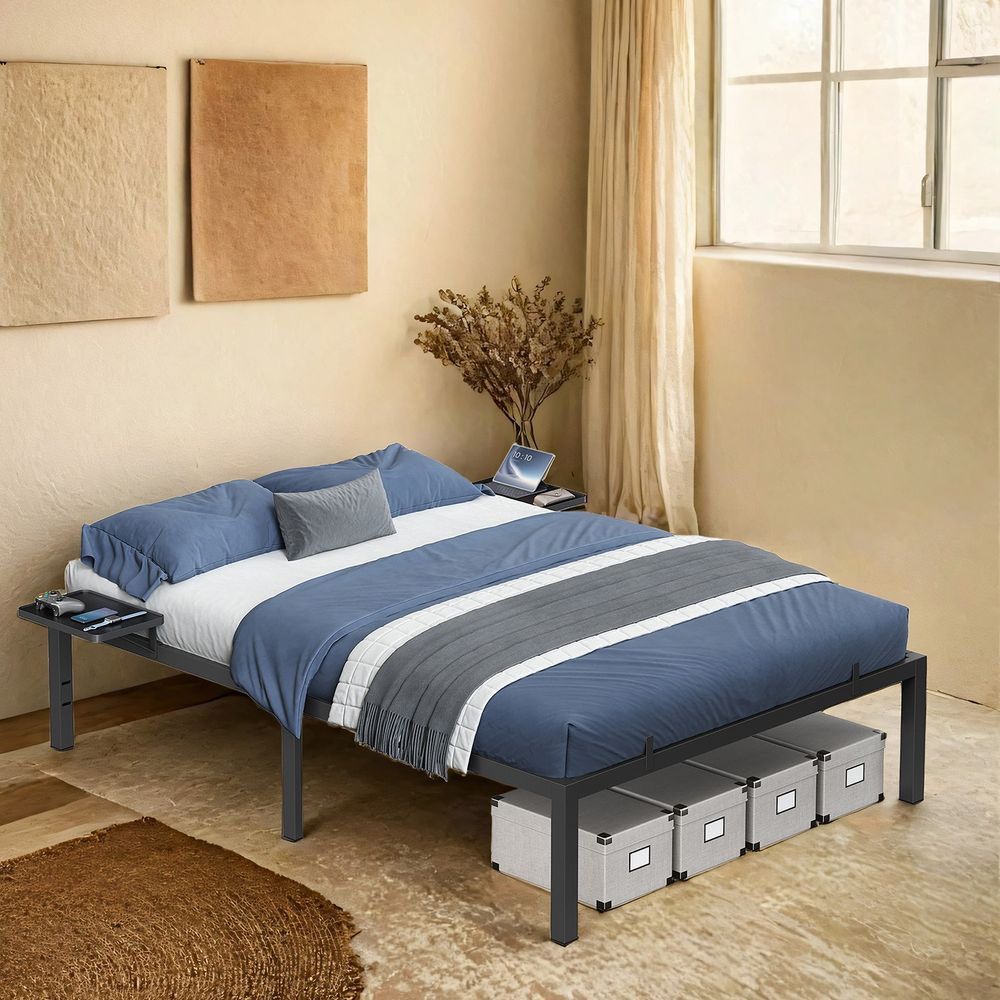 Kaheinimesevoodi raam, voodiraam, metallist voodiraam, hoiuriiulitega, külalistevoodi, sobib 190 x 140 cm madratsile, lihtne paigaldus, klassikaline must RMB093B01