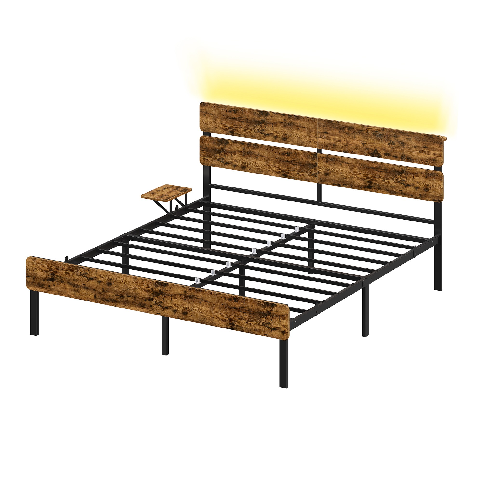 Üheinimesevoodi raam LED-valgustuse, USB-A- ja USB-C-portide ning peatsisisese hoiuruumiga, 90 x 200 cm, vintage-pruun-must