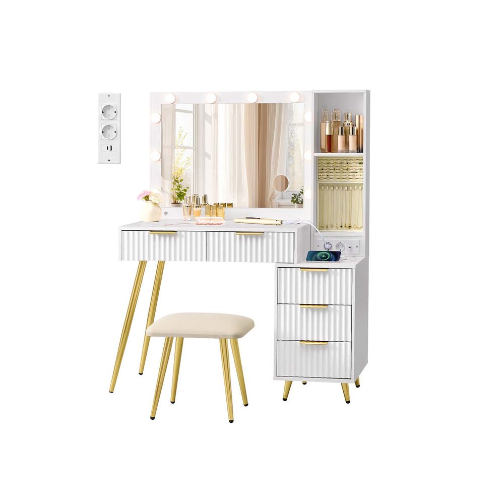 Tualettlaud tabureti ja peegliga – sahtlite ja LED-valgustusega kosmeetikalaud, 10× suurendusega peegel, ehetealus ja laadimisjaam, 40 × 110 × 135 cm, pilvevalge