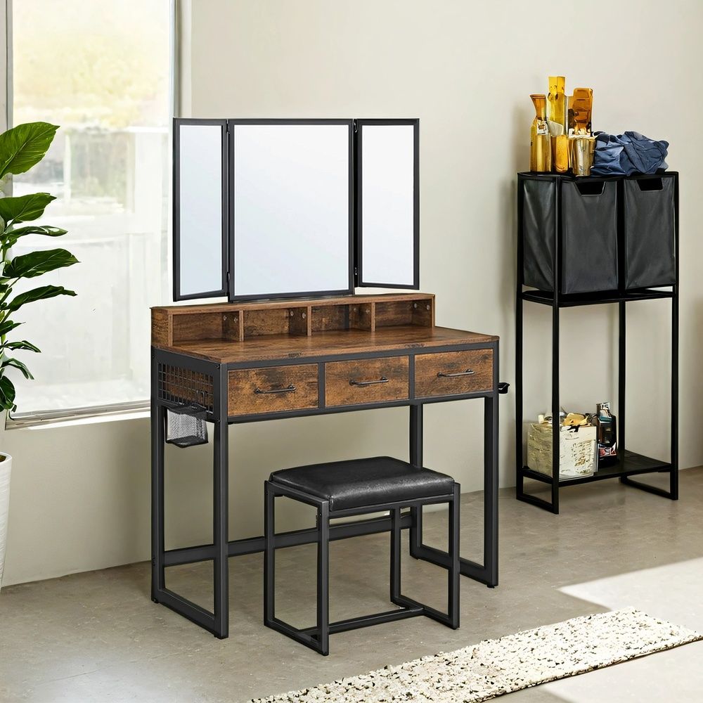 Tualettlaud, kolmeosalise kokkupandava peegliga, föönihoidja, polsterdatud taburetiga, 3 sahtlit, tööstusdisain, vintage pruun-must