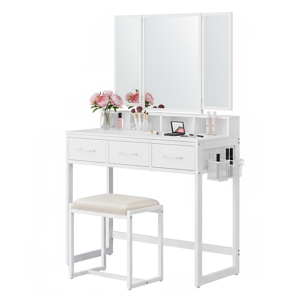 Tualettlaud, kolmeosalise kokkupandava peegliga, föönihoidja, polsterdatud taburetiga, 3 sahtlit, valge