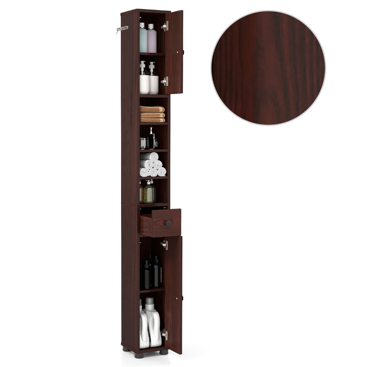 Kitsas vannitoakapp kahe ukse, ühe sahtli ja reguleeritavate riiulitega, tumepruun