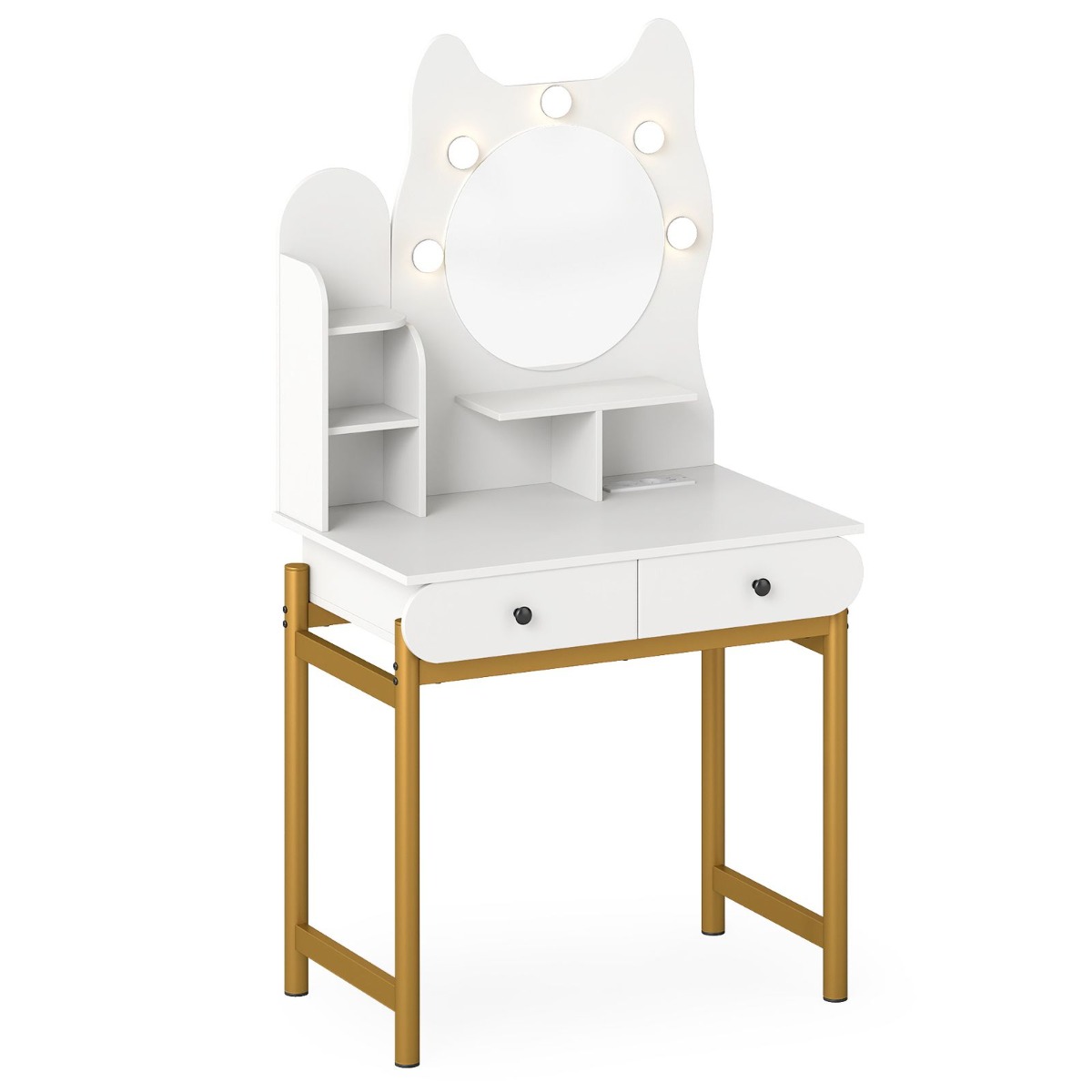 Kassikujuline tualettlaud peegli, valgustuse ja sahtlitega, valge
