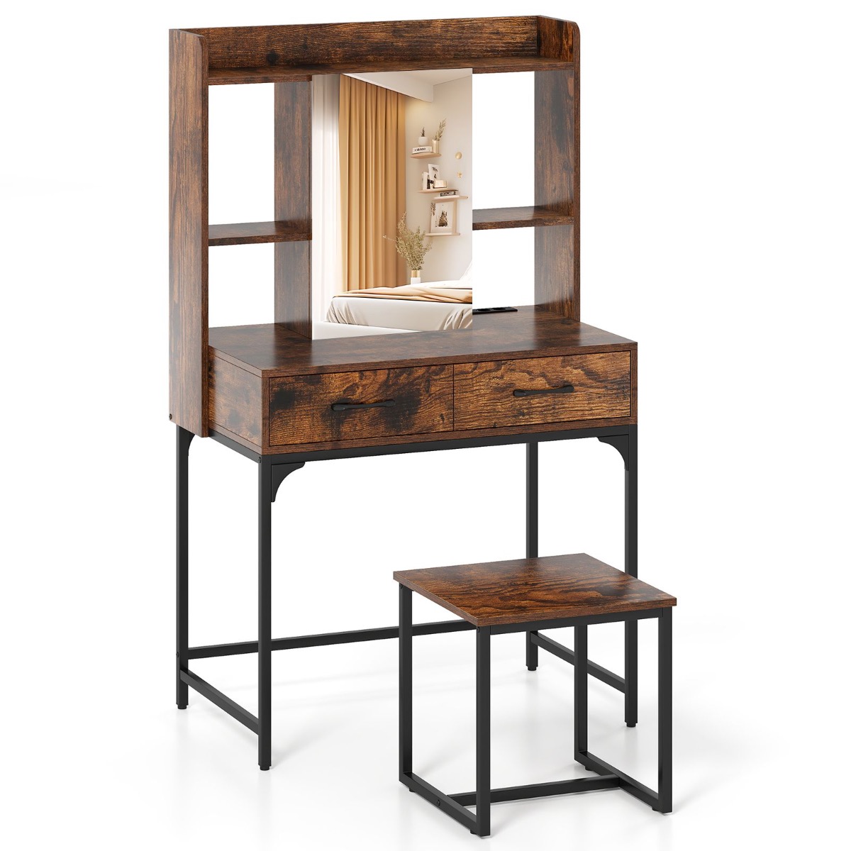 Meigilaud koos peegliga meigilaud laadimisjaamaga sahtlid avatud riiulid rustikaalne pruun