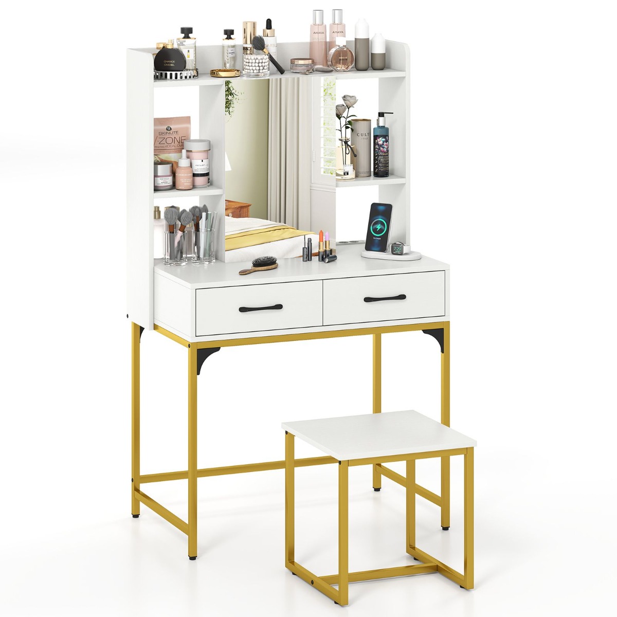 Tualettlaua komplekt peegliga, laadimisjaamaga, sahtlid, avatud riiulid ja peegliga kapp, valge