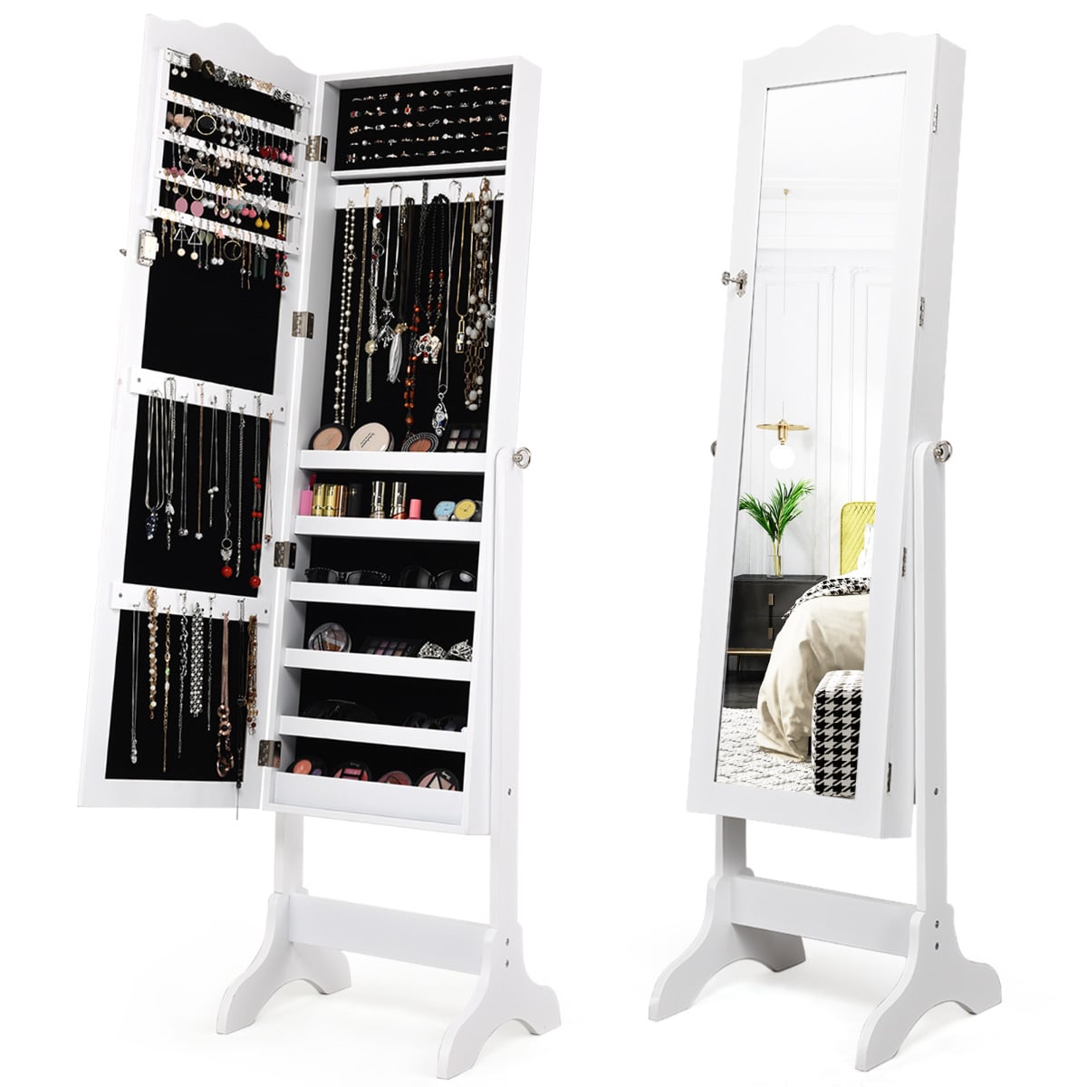 Lukustatav ja reguleeritava kaldega ehtekapp täispikkuses peegliga (45x37x160 cm), valge