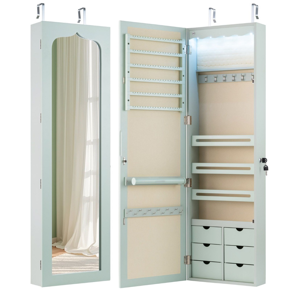 Ehtekapp LED-valgustusega, lukustatav seina-/uksega ehtekapp peegli ja 6 sahtliga, roheline