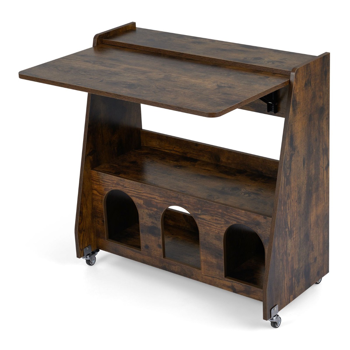 Püsti seisev laud ratastega, laud allaklapitava lauaplaadiga, ruumisäästlik arvutilaud, pruun