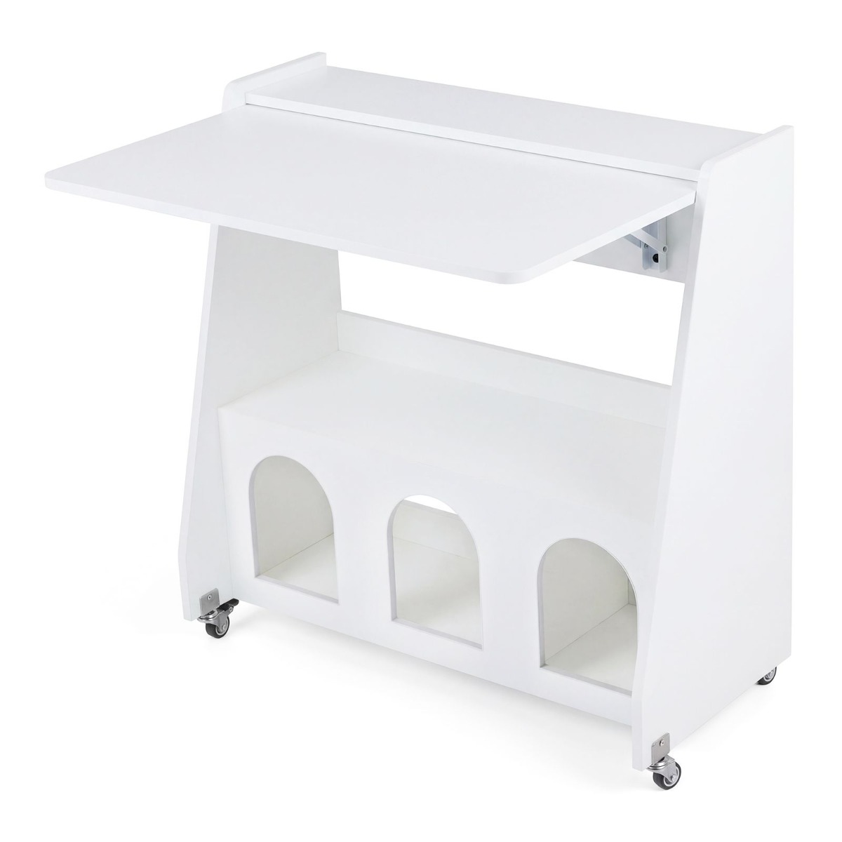 Püsti seisev laud ratastega, laud allaklapitava lauaplaadiga, ruumisäästlik arvutilaud, valge