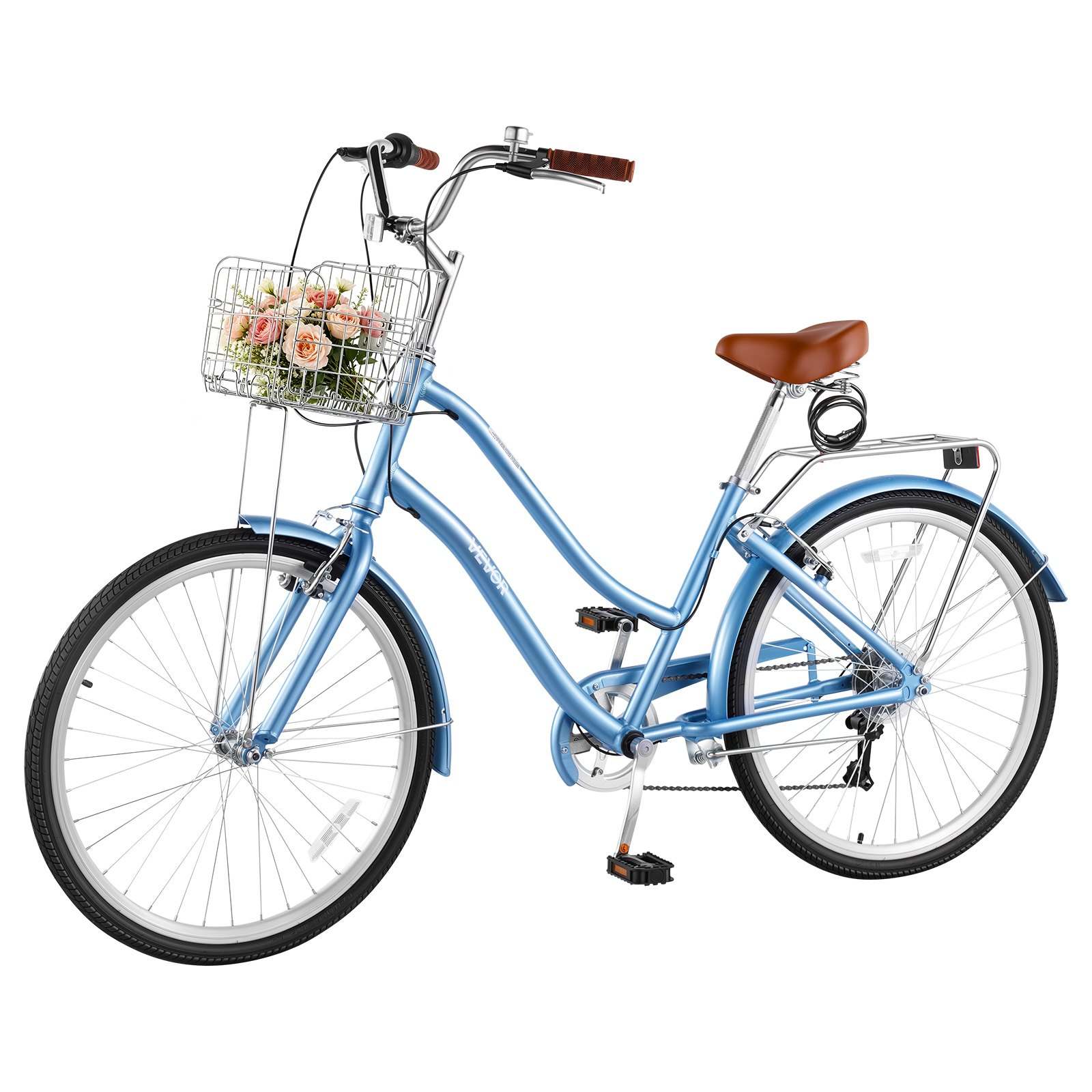 Women Bike, 66cm Beach Cruiser Bike, 7-Speed Adult City Bicycle with Aluminum Alloy Frame, 150kg Capacity, Basket, Rear Rack & Dual V-Brakes, Light Blue