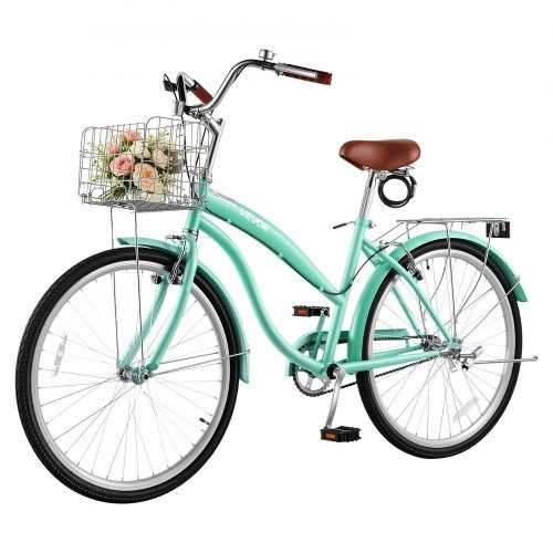 Women Bike, 66cm Beach Cruiser Bike, Single-Speed Adult City Bicycle with Steel Frame, 150kg Capacity, Basket, Rear Rack & Dual V-Brakes, Light Green