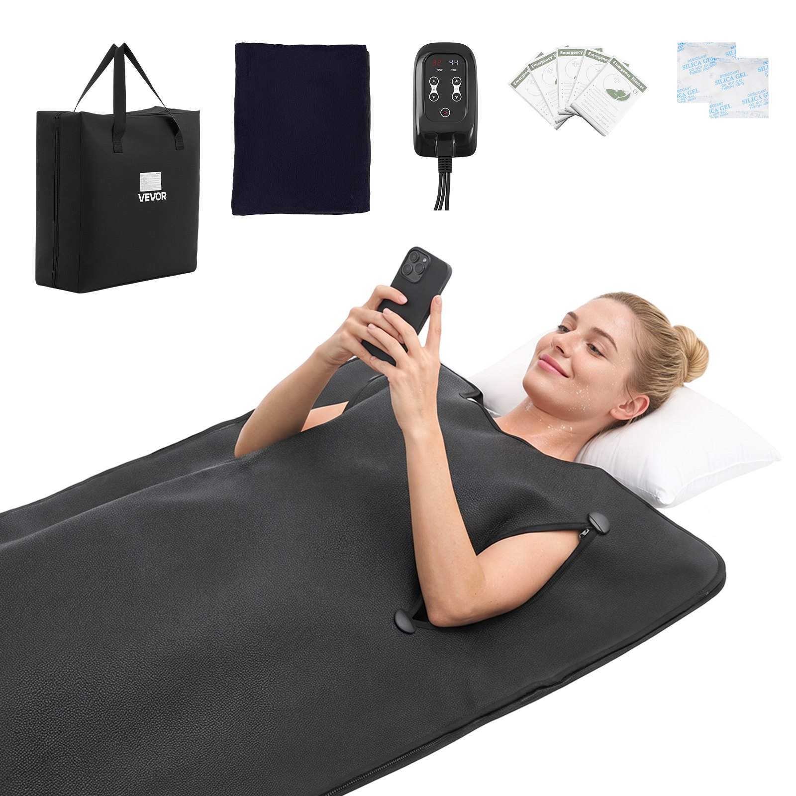 Infrared Sauna Blanket with Armholes, 180 x 90 cm Portable Sauna Bag, Even Heating for Home Detox & Relaxation, Temp Control & Timer, PU Leather Heating Wrap with Towel Liner, Carry Bag, Black