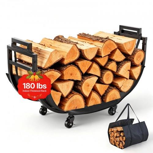 Tugev metallist küttepuuriiul, 805 mm, kandevõime 80 kg, 4 lukustatavat pöördratast, siseruumidesse, kamina juurde ja terrassile, must
